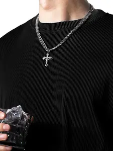 1 cross pendant necklace men hip-hop fashion stainless steel Cuban chain holiday gift Cross Charm Necklace