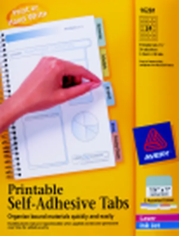 Avery Printable Self-Adhesive Index Tabs, 1-1/4 in. (1.25 in.) Durable Plastic Dividers, Assorted Designs, Front-Back Use, Repositioning Capability, Added Security for Reference Manuals - 96-Pack, Front And Back Sides