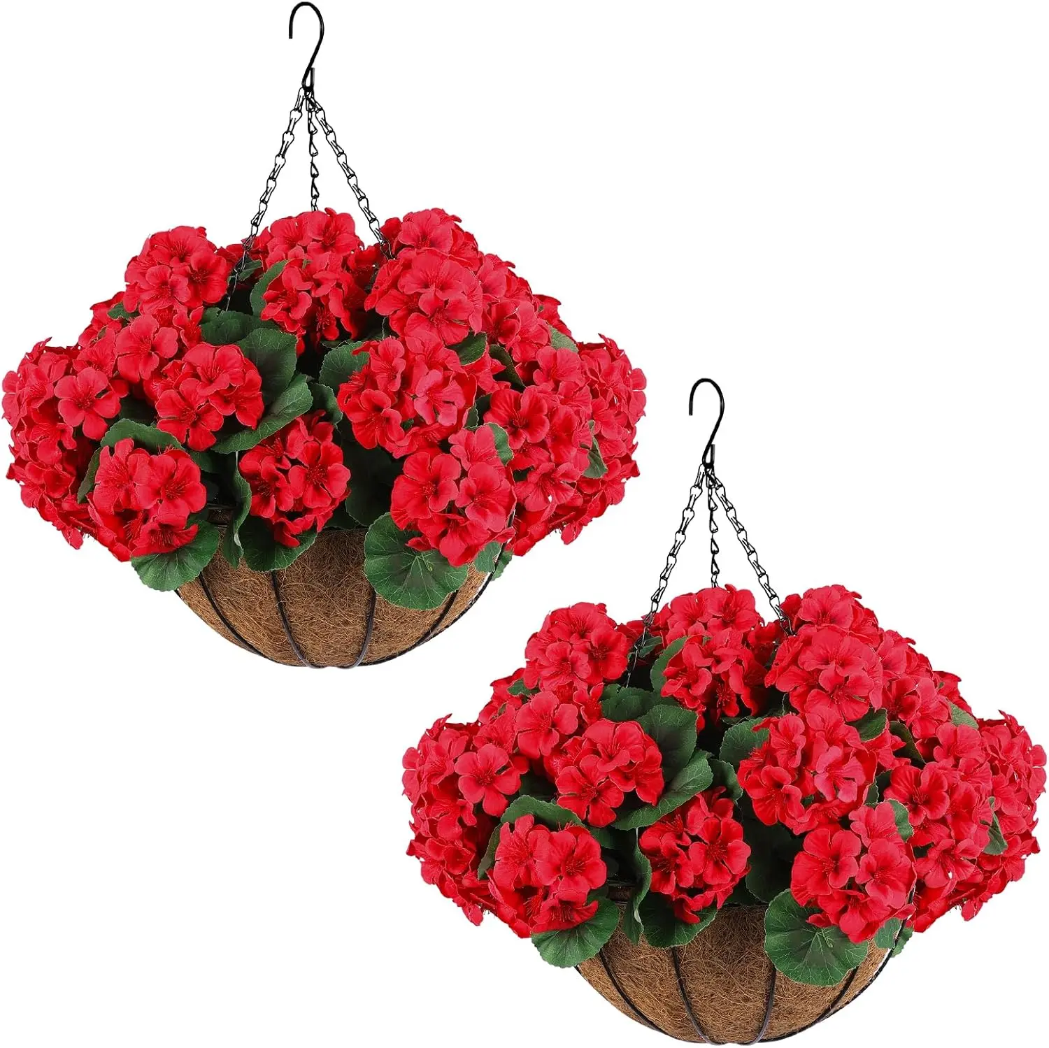 2 Set Artificial Red Geraniums Flowers for Outdoors with Hanging Baskets, 2 Hanging Planters with 12 Pcs Red Geranium Flowers for Christmas Front Porch Garden Patio Home Decor (2, Red)