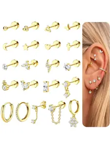21 Pcs Trendy Golden Earring Stack Collection for Women Men Shining Zirconia Classic Copper 304 Surgical Steel for Reliable Hypoallergenic Protection Assorted Flat Back Studs Small Hoop Earrings Rich Combination Options Unique Ear Stack Styles