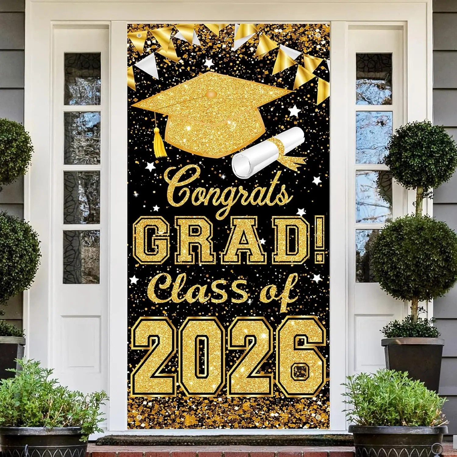 Congrats Grad Class of 2026 Sign Polyester Banner Door Cover, Graduation Party Decorations, Graduation Theme Backdrop, Front Door Porch Sign Backdrop for Wall Indoor Outdoor Photo Booth Props Party Supplies (Gold)