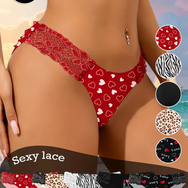 QUASTI Women's 5-Pack Seamless Lace Bikini Panties - 20.00% Elastane, Cotton-Feel Liner, Skin-Friendly, Lightweight, No-Show, Breathable, All-Over Print Bikini Bottoms for Summer Beach & Everyday Use, S-XXL Womenswear
