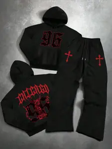 Men's Gothic Letter & Cross Pattern Hoodie Set, Casual Fitted Graphic Sweatshirt and Drawstring Wide Leg Pants, Spring & Fall Fashion