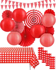 18PCS Picnic Party Decorations - Red & White Checkered Gingham Banner, Paper Fans, Lanterns, Tablecloth