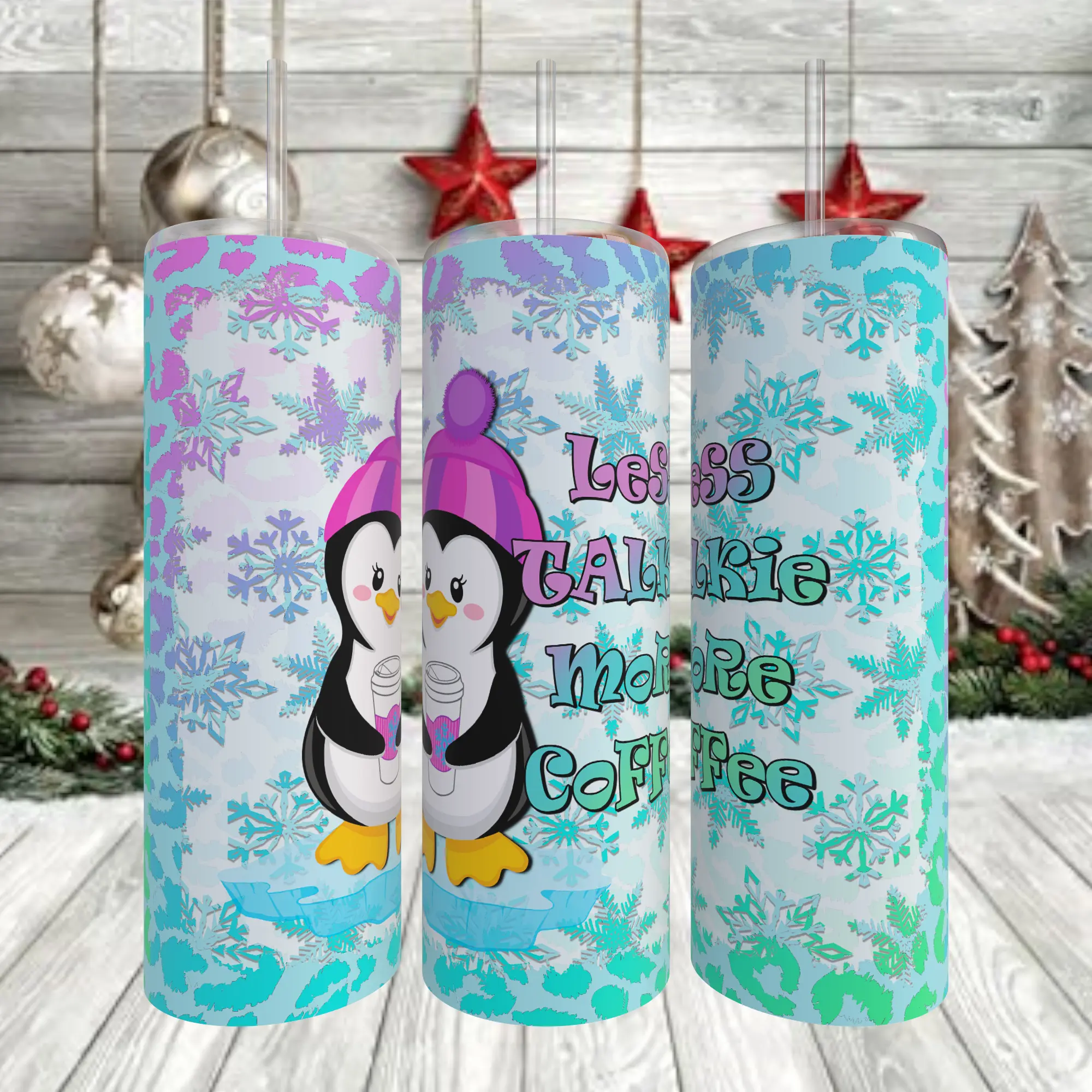 Penguin Less Talkie More Coffee 20 oz Tumbler Vacuum Insulated with Lid & Straw for Hot Coffee or Cold Drinks All Day Long