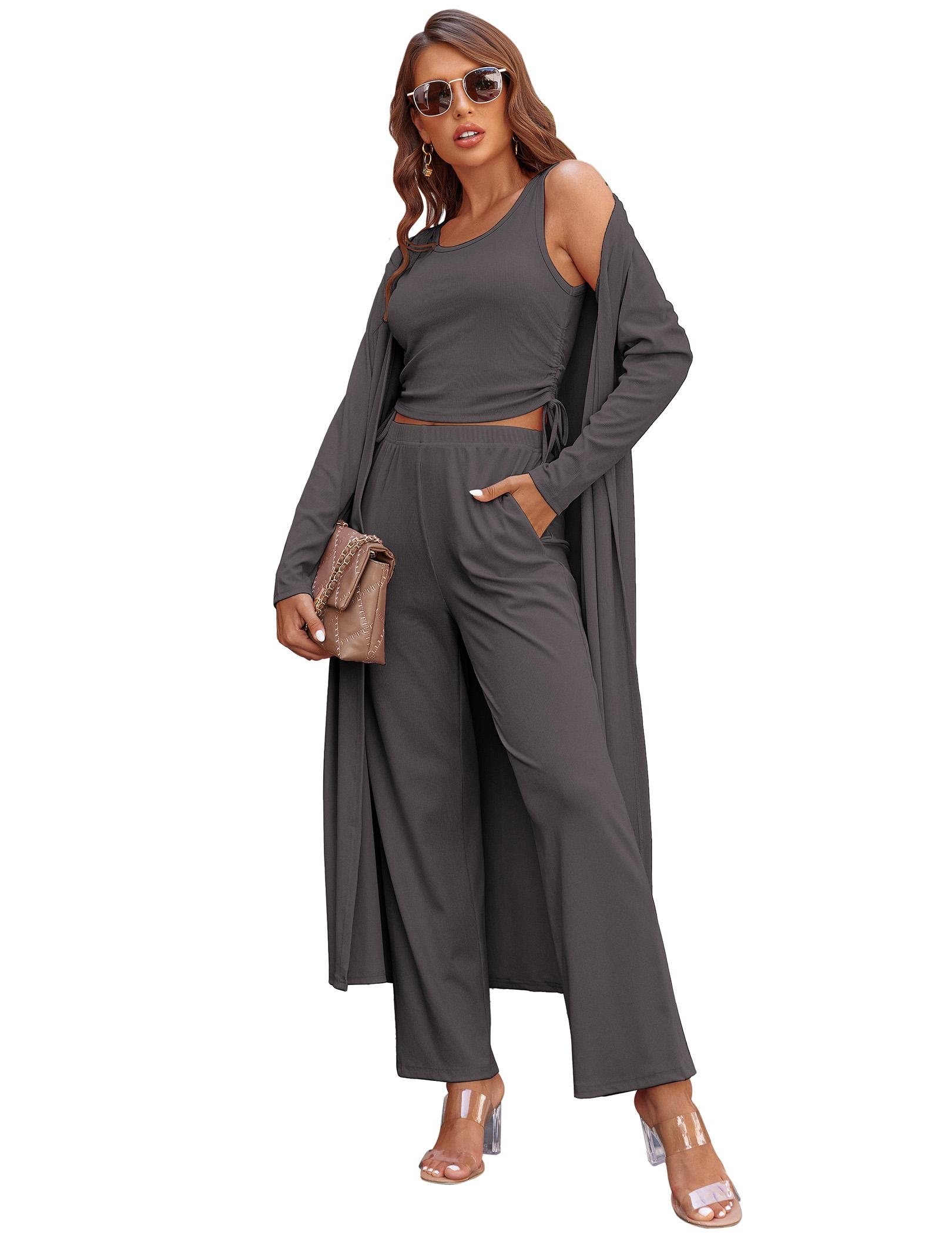 EKOUAER  Women's 3 Piece Knit Lounge Set Long Sleeve Cardigan Sleeveless Top Pants Sweatsuit S-XXL