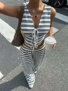 Women's Casual Knitted Striped Tie Back Drawstring Sleeveless Crop Top Vest Set, Stripe Wide Leg Pants, 2 Piece, Slim Fit Summer Fashion Womenswear