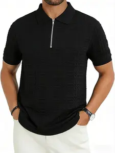Men's Quarter-Zip Textured Polo Shirt – Premium Waffle Knit Breathable Fabric, Classic Plaid Pattern, Short Sleeve Collared Top for Casual Daily & Business Occasions