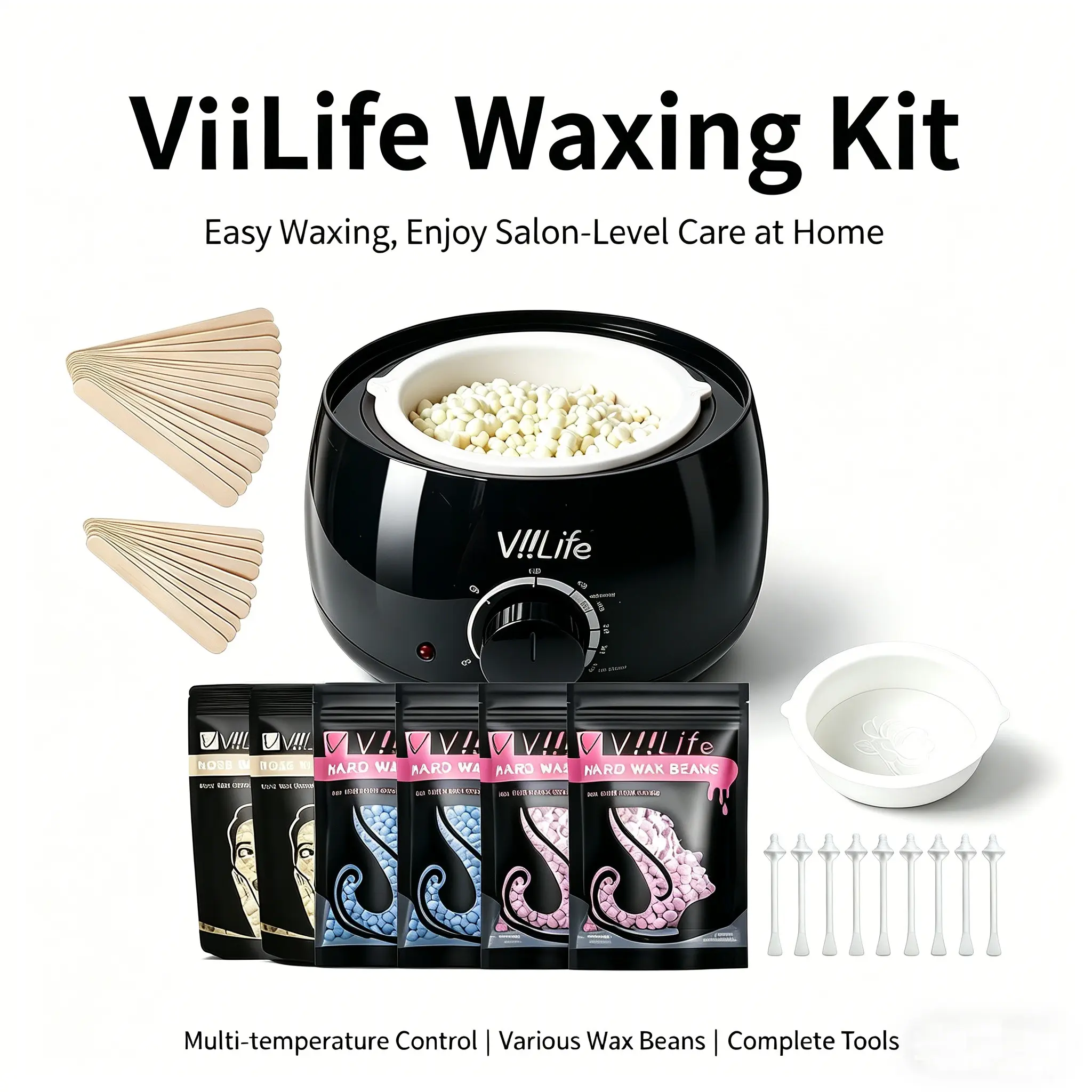 Painless Waxing Kit for Men & Women, Hair Removal, Includes Wax Pot Heater, 6 Packs of Hard Wax Beads, 20 Applicators, Nose Hair Wand, Silicone Bowl
