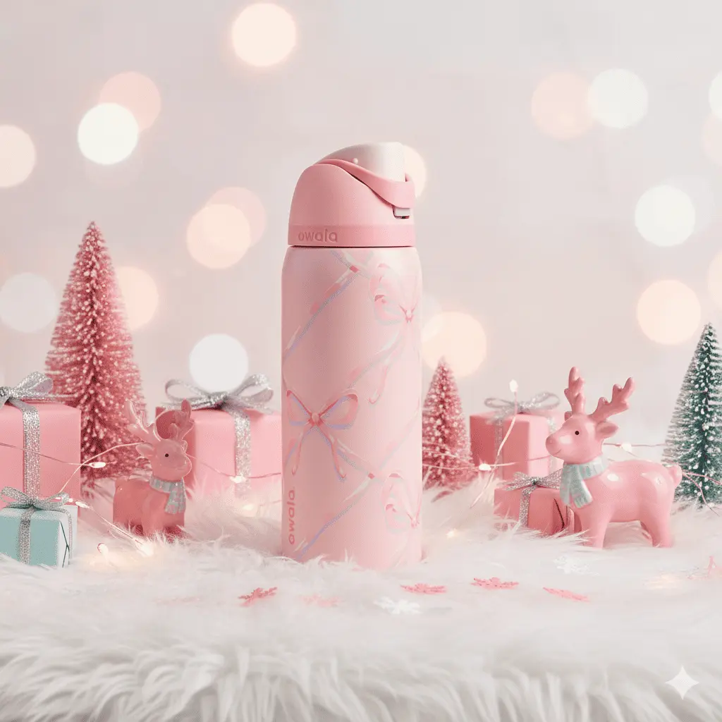 Owala Sugar Plum Fairy 32oz – Coquette Pink FreeSip Holiday Water Bottle, Insulated Leakproof Stainless Steel Cup with Straw, Cute Gift for Her