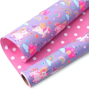 Unicorn Birthday Wrapping Paper Unicorn and Dots Reversible Mini Roll   Wrap for Girls  Birthday  Shower 17 Inch x 33