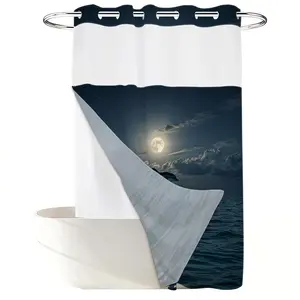 1PC 2D Flat Healing Moonlit Dolphin Leap Shower Curtain, Blue Sea Starry Sky Seaview Design, Waterproof Detachable Liner Bathroom Curtain (No Hooks)