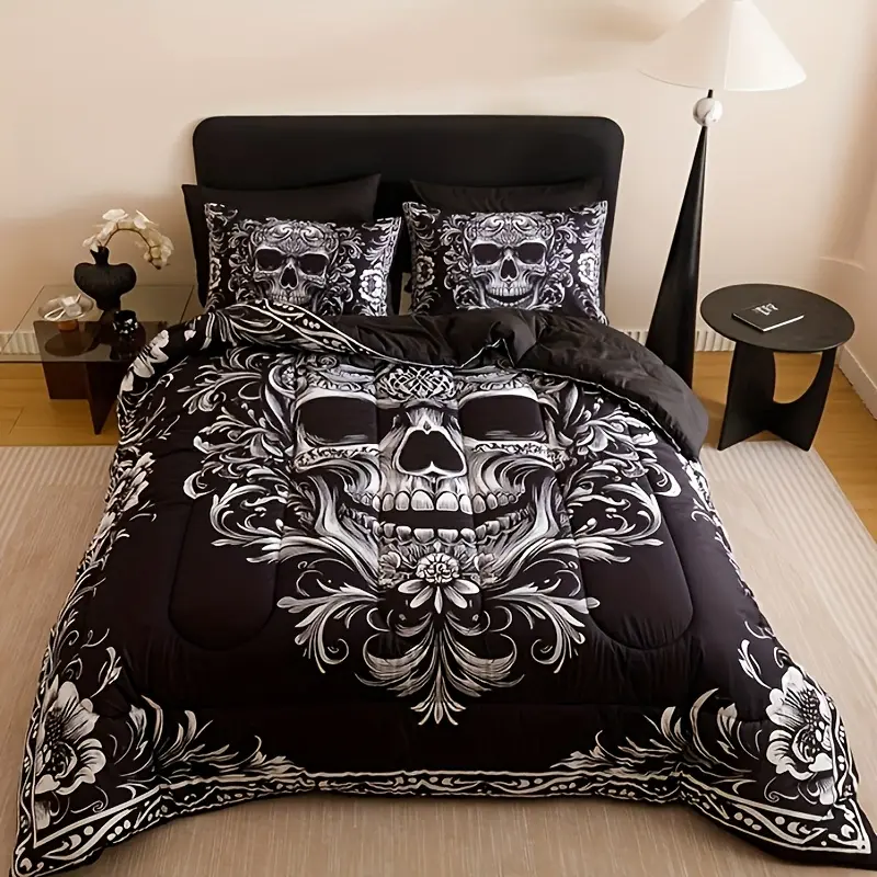 3-piece Quilt Set (1 Quilt + 2 pillowcases, no pillow), including 180Gsm filling, soft and breathable, digitally printed black and gray floral patterns of skulls, suitable for bedrooms, dormitories and home use, no bed sheets or bed covers.