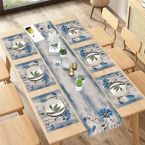 1 piece/5 piece/7 piece set of blue-green daisy flower table runway and placemat combination, with a rustic design suitable for indoor and outdoor dining, festivals, weddings, and party tabletop decoration