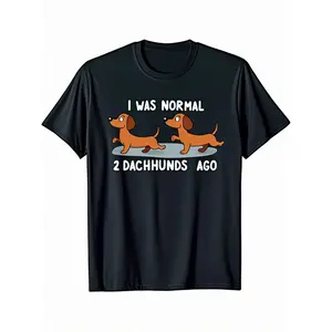 I Was Normal 2 Dachshunds Ago Funny Dachshund Owner T-Shirt - Black Casual Short Sleeve Tee with Cartoon Dachshund Design, Medium Stretch Fabric, All-Season Comfort for Men & Women, Dachshund T Shirt, Casual Wear, Playful Design, Comfortable Fit