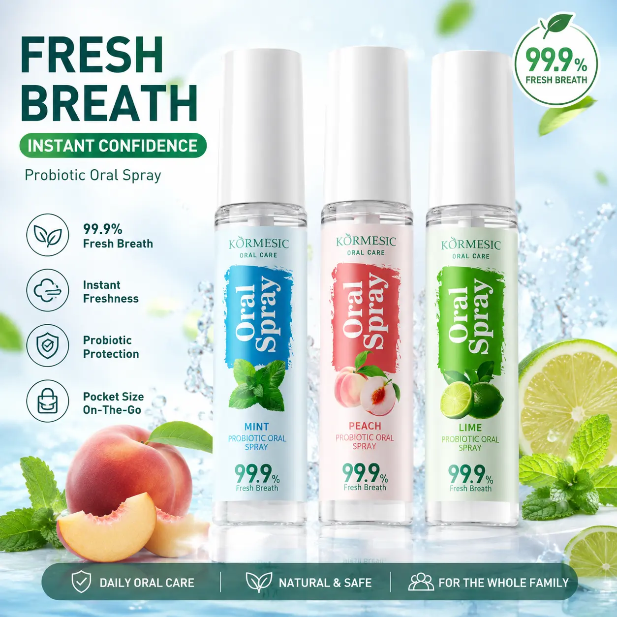 (3 PCS) Daily Fruit-Flavored Crystal Oral Spray - Natural Fragrances, Light & Non-Greasy, Portable Breath Freshener Formula - Peach, Mint, Lime Flavors