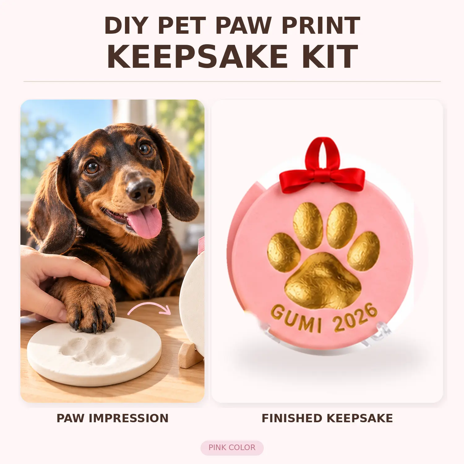 DIY Pet Paw Print Keepsake Kit, Personalized Dog & Cat Paw Impression Ornament with Gold Paint, Letter & Number Stamps, Red Ribbon & Display Stand, Pet Memorial Gift, Christmas Gift for Dog Lovers