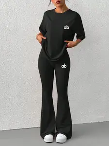 Women's Summer Casual Fashion 2-Piece Set, Round Neck Short Sleeve Letter Print Top + High Waist Bell Bottoms, Youth Back-To-School Wear