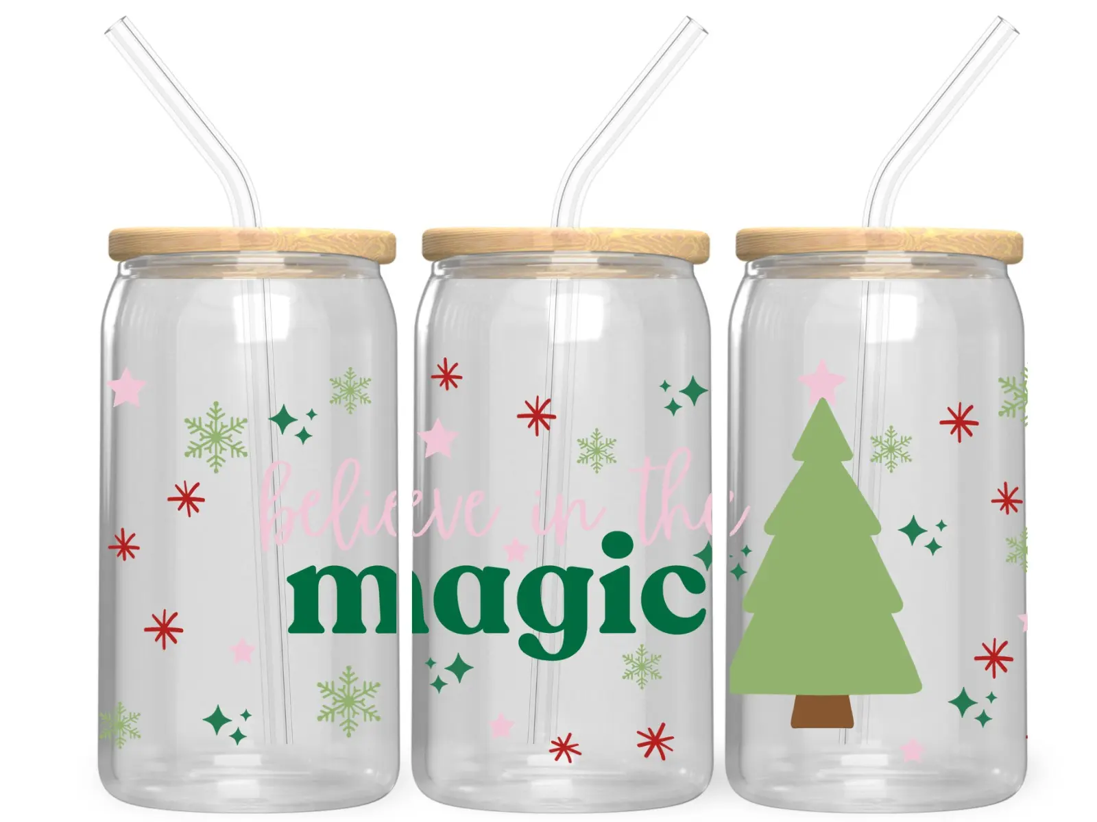 Believe in the Magic Christmas Glass Can | 16 oz Custom Christmas Cup | Handmade Christmas Gift Ideas for Christmas Lover | Stocking Stuffer Bamboo Drinkware Lid Straw