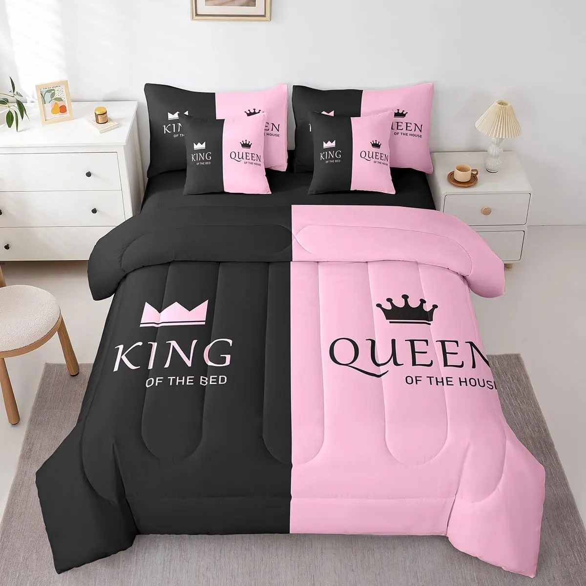 Crown Bed Set,Pink Black 7 Piece Bedding Set Crown His Hers Bed in a Bag Romantic Valentine's Day Bed Set Includes Comforter,Sheet Set,Pillowcases & Pillow Covers