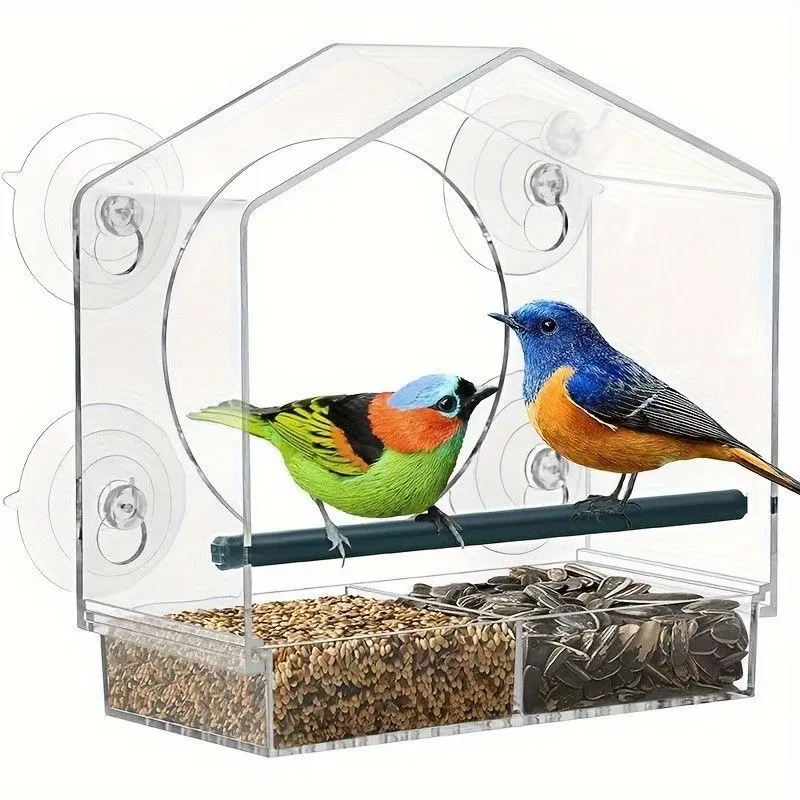 Clear Window Bird Feeder with 4 Extra Strong Suction Cups, DY-SKTY Sturdy and Durable Acrylic Birdfeeders for Viewing Wild Birds Outside, as a Bird Watching Gift, Outdoor Birdhouse Box, Garden Decor