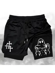 Men's Ghost Face Cross Print Faux Two-Piece Shorts, Gothic Street Style, Personal Aesthetic, Block, Comfortable Dual Layer
