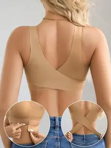 Women's Solid Color Side Buckle Criss Cross Backless Bra, Fit Soft Comfortable Breathable Full Coverage Bra for Daily Wear, Soft Lingerie for All Seasons