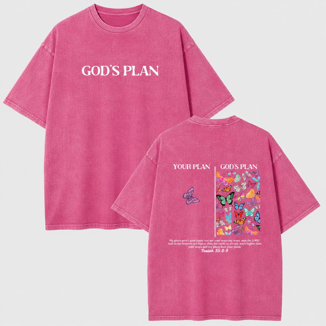 Unisex Vintage Washed Cotton Graphic T-Shirt, Oversized Crew Neck Tee with God’s Plan Butterfly Front & Back Print, Casual Streetwear Top