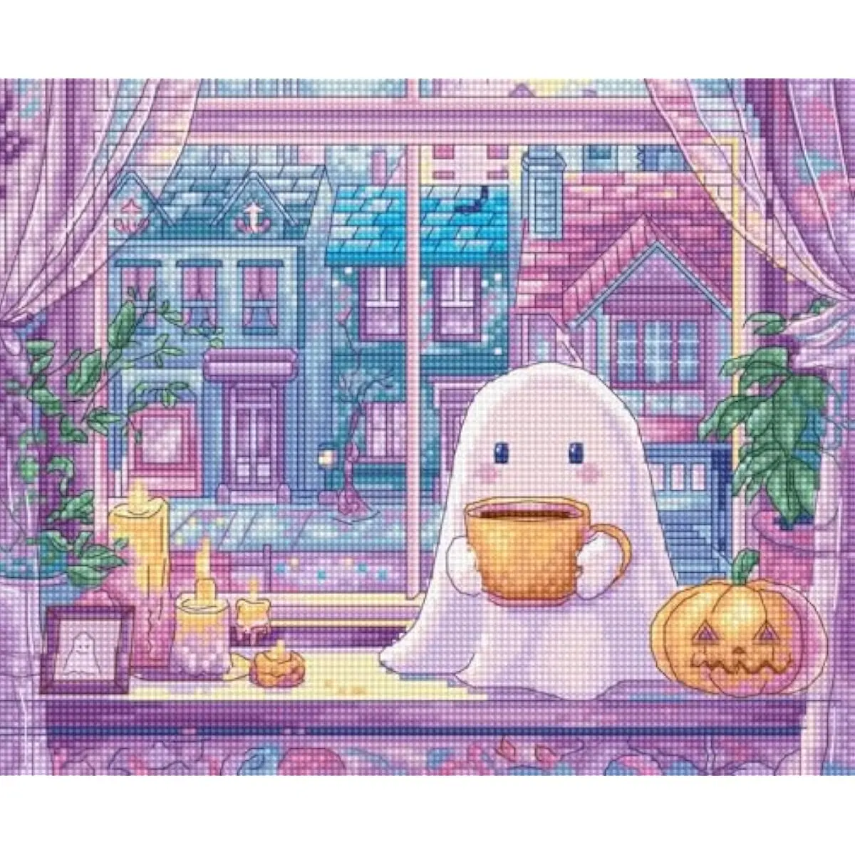 Wizardi Counted Cross Stitch Kit "Pumpkin Latte Nights" L9962 - Halloween Cotton Embroidery with Ghost, Coffee Mug, Jack-O-Lantern, 40 Luca-S Floss Colors, 20x17 cm/7.87x6.69 inches, Cozy Home Decor for Candle Accents, Holiday Creative Activity