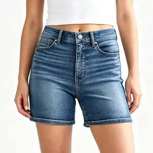 Womens Jean Shorts High Waisted Stretchy Buttoned Folded Hem Zimbaplatinum Denim Shorts