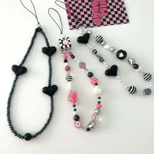 Y2K Phone Charm Strap, Black Pink White Beaded Phone Strap, kpop keychain, gift for her, party favor