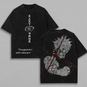 Retro Heavy Gojo Satoru Red Technique Ver.3 THE HONORED ONE Jujutsu Kaisen Anime Double Printed Vintage Washed Tee Unisex Oversize Anime Manga Washed Heavyweight Cotton T-shirt for Menswear Streetwear
