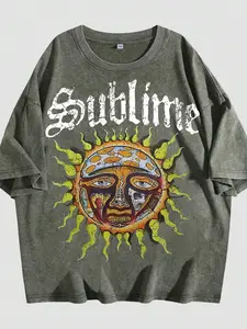 Washed T-Shirt Men Women Unisex Retro "Sun" Rock Band Graphic Oversized Short Sleeve Tee