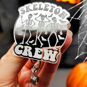 Skeleton Crew Badge Reel with Swivel Clip - Engraved Acrylic Topper - Retractable - Halloween Badge Reel for Nurses