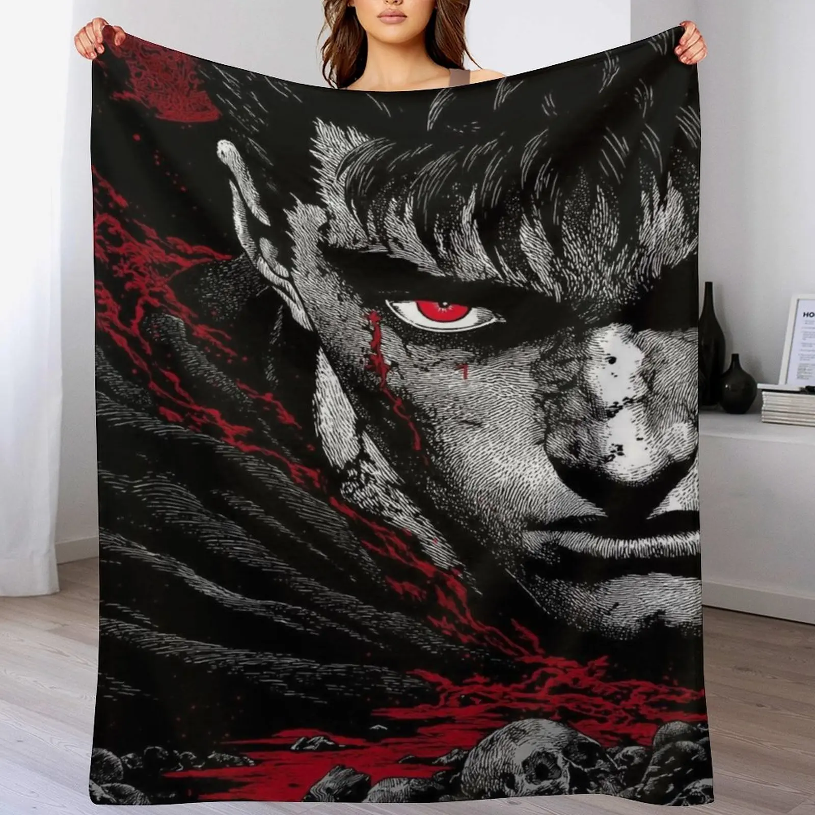 Berserk Guts Dark Fantasy Flannel Throw Blanket, Black & White Manga Print Fleece Blanket, Cozy Warm Blanket for Anime Fans Bedroom Couch