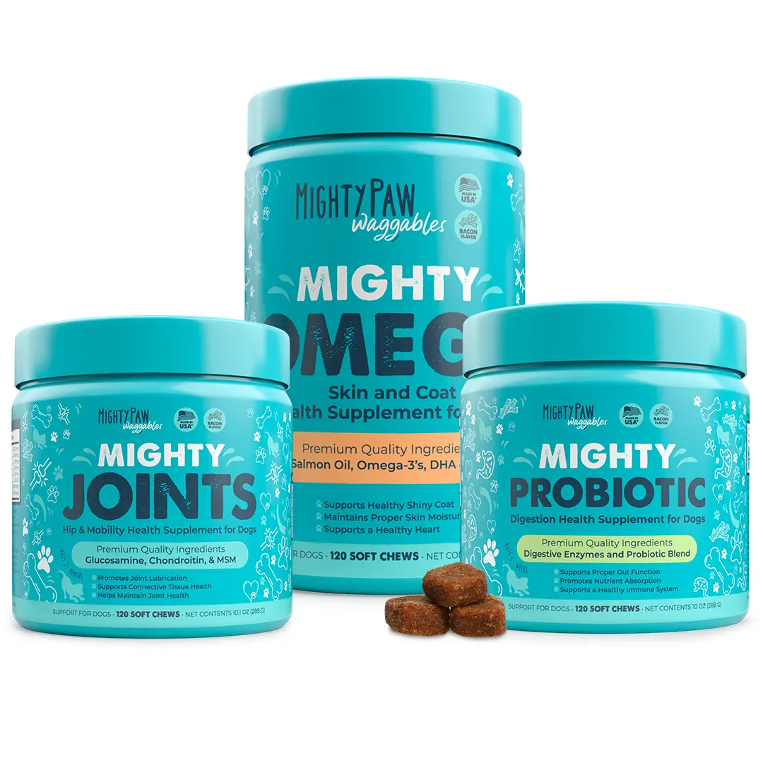 Mighty Paw Complete Daily Bundle - 3-Pack: Mighty Probiotic + Mighty Omega + Mighty Joints - 360 Soft Chews for Total Dog Wellness