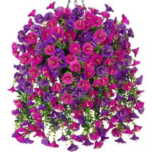 Artificial Fake Hanging Flowers Plants, Faux Silk Flower, UV Resistant Morning Glory Petunia for Garden Porch Patio Balcony Yard Decor, Artificial Decorative Flower Set