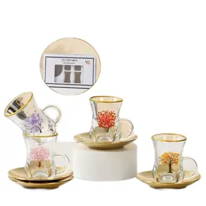 Tea Glasses Set with Colorful Flower Designs and Gold Trim for Elegant Tea Drinking Experience