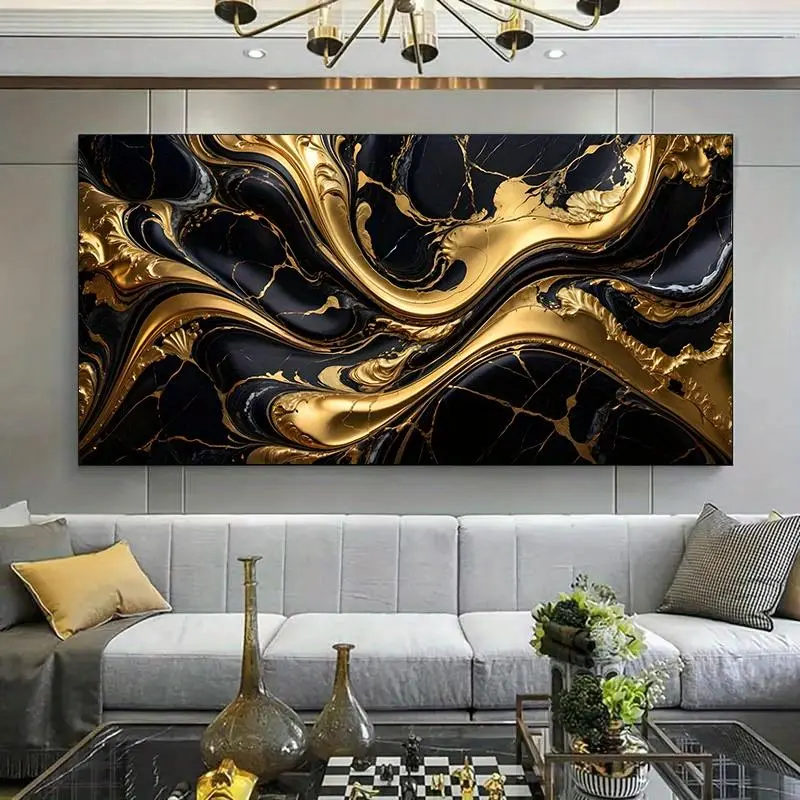 1 piece framed canvas painting - modern black and gold marble wallpaper canvas painting art room, modern canvas poster, suitable for living room, bedroom, office decoration Ornaments Artistic