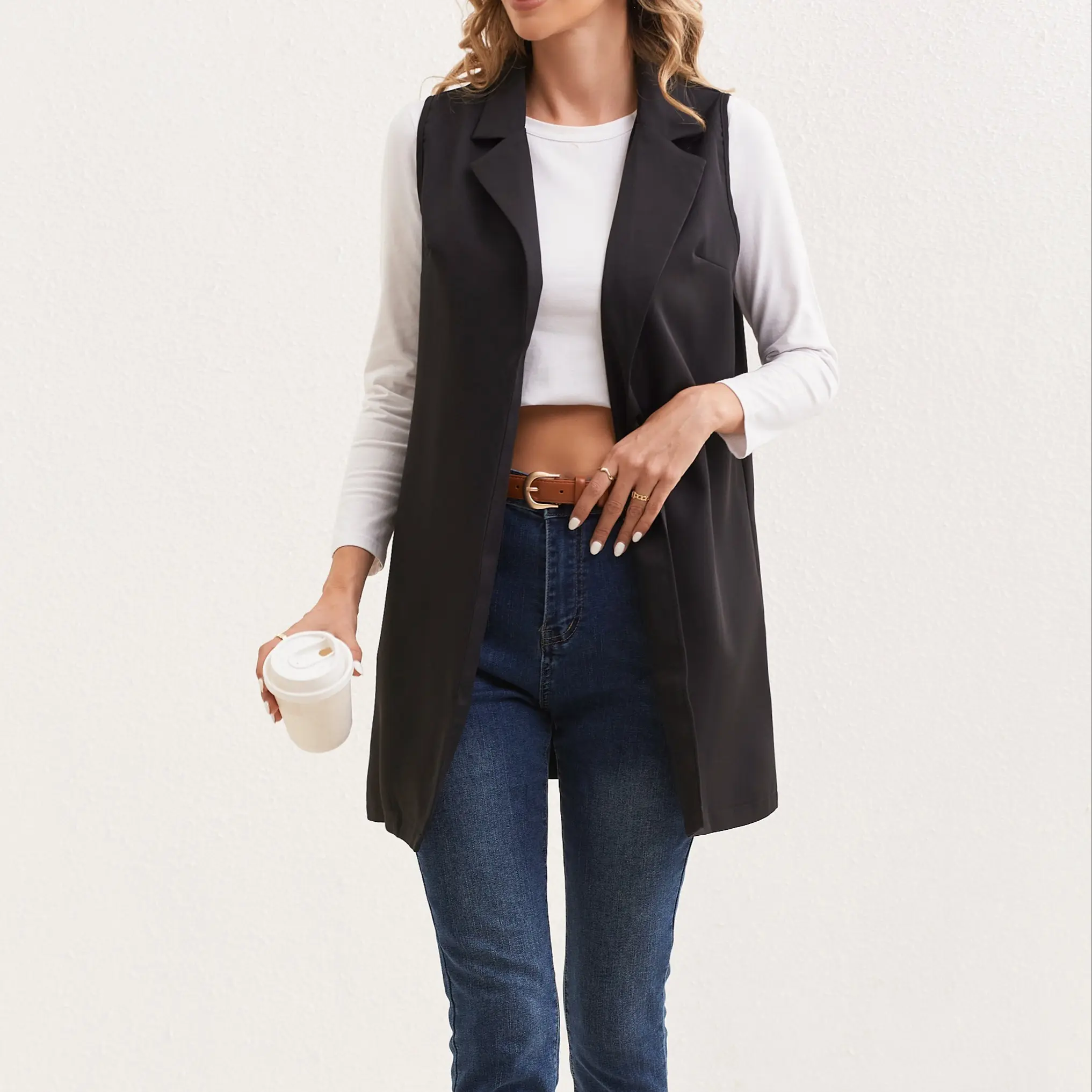 Women's Minimalist Polyester Longline Vest - Classic, All Seasons, Collared Neck, Casual, Buttonless Loose-Fit Sleeveless Commuter Top, Lapel, Cross-Border Source Chic Women's Top