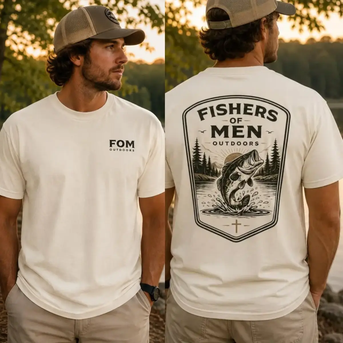 Fishers Of Men Bass Fishing T-Shirt - Largemouth Bass Leaping From Lake With Pine Forest And Cross Graphic , FOM Outdoors Chest Print , Christian Fishing Tee , Angler Outdoor Shirt , Lake Trip Outfit , Gift For Bass Fishermen And Faithful Outdoorsmen Top