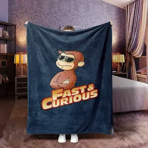Fast & Curious George Print Blanket, Soft Flannel Warm Bedding, Multifunctional Blanket, Ideal for Bedroom Decor, Office, Camping, Gift, Flannel Throw Blankets