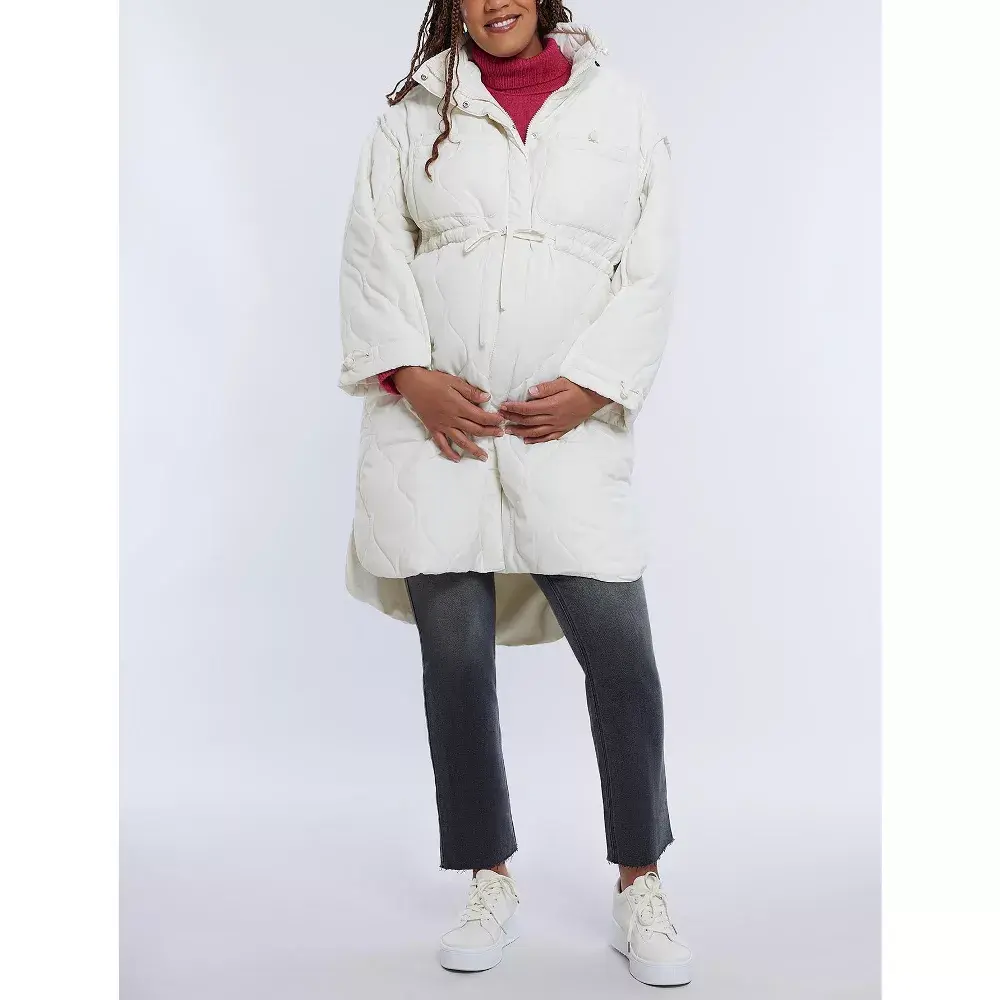 Women's Woven Full-Zip Long Sleeve Quilted Puffer Jacket - Winter White - Size: Large - Motherhood Maternity