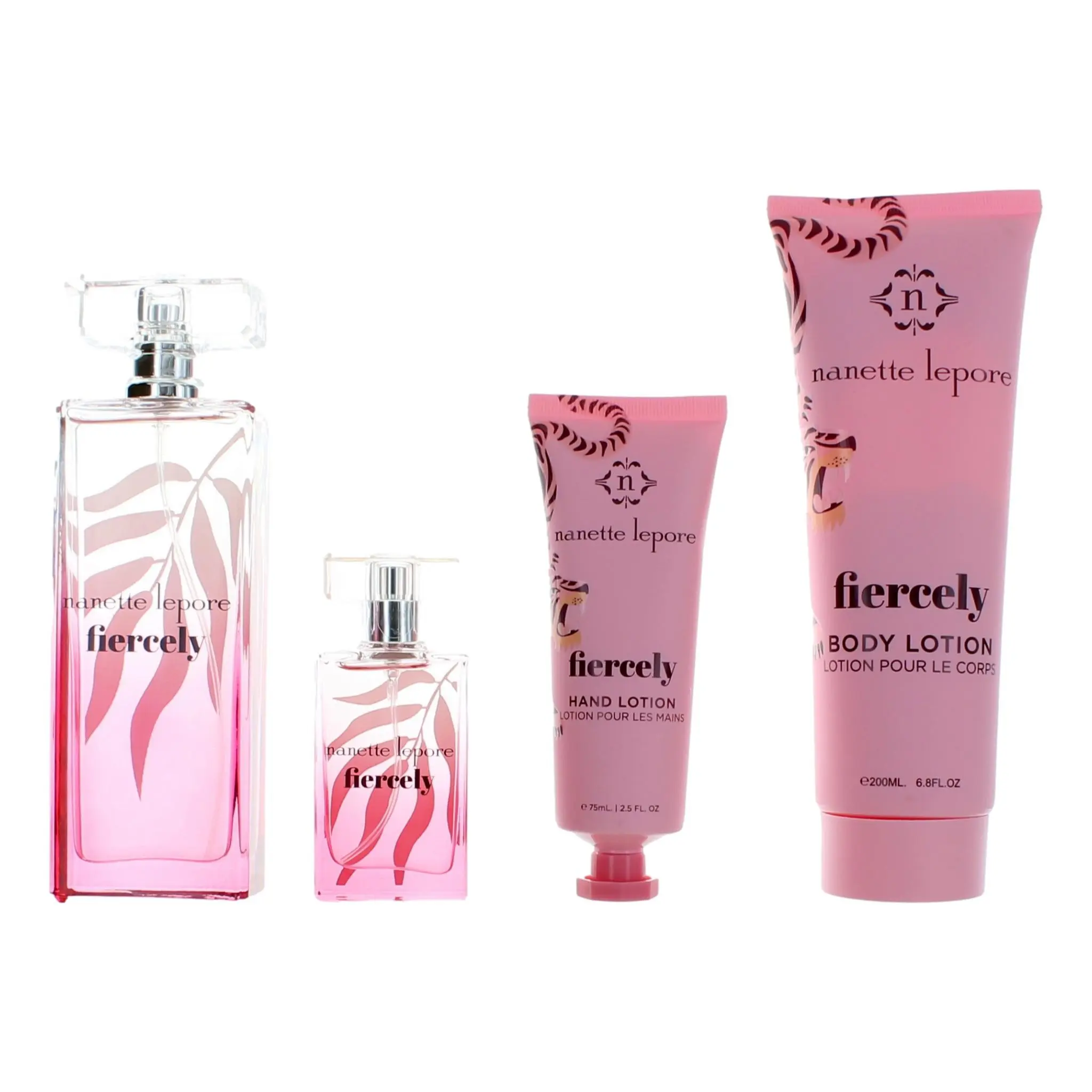 Fiercely by Nanette Lepore. 4 Piece Gift Set for Women, Fragrance Sets, Tiger Lily, Multi-Pack, Creamy Amber, Strong Beauty, Lotions & Spray, Edp, Beautiful