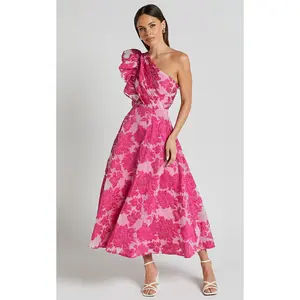 Alfreda Midi Dress - One Shoulder Ruffle Detail Brailey Jacquard Dress in Pink