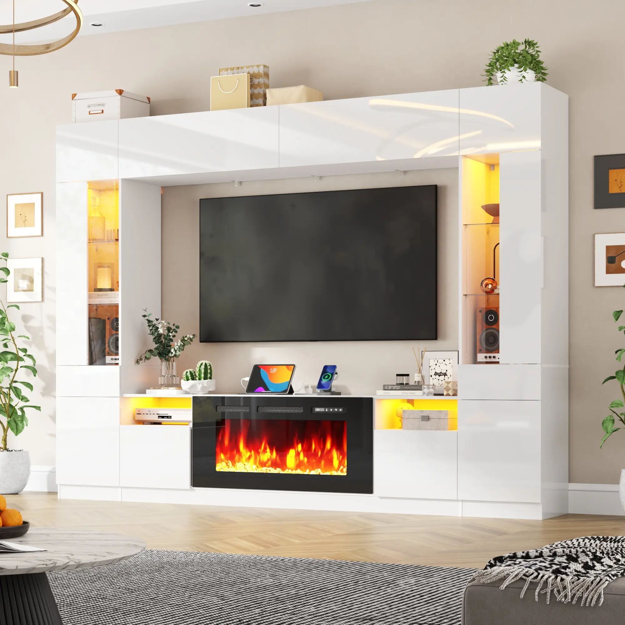 107" Wall Unit Entertainment Center with Bookshelves/Entertainment Center Electric Fireplace & Bookshelves, Modern High Glossy TV Stand with Storage Shelves & Bridge Cabinet & LED Lights, Media Console for Living Room Home Theater,White/Black