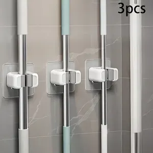 3pcs No Drilling Wall-Mounted Mop and Broom Holder, Strong Plastic Storage Clip, Space-Saving Vertical Organizer for Bathroom, Kitchen, Home