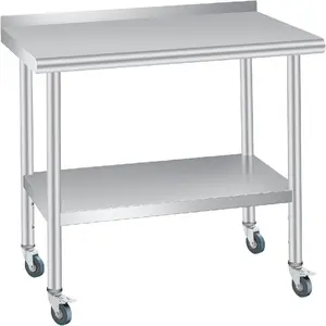 Stainless Steel Table Commercial Prep Work Table with Backsplash Adjustable Shelf 4 Caster Wheels for Kitchen Restaurant-C