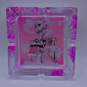 Skeleton Hippie Ashtray - Pink Holographic Design with Unique Skull Artwork and Cloud Motif