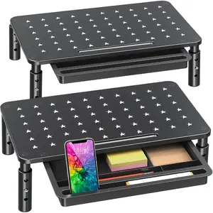 2 Pack Monitor Stand Riser with Drawer-3 Height Adjustable Metal Monitor Stand with Unique Star Mesh For Computer Laptop Notebook Printer